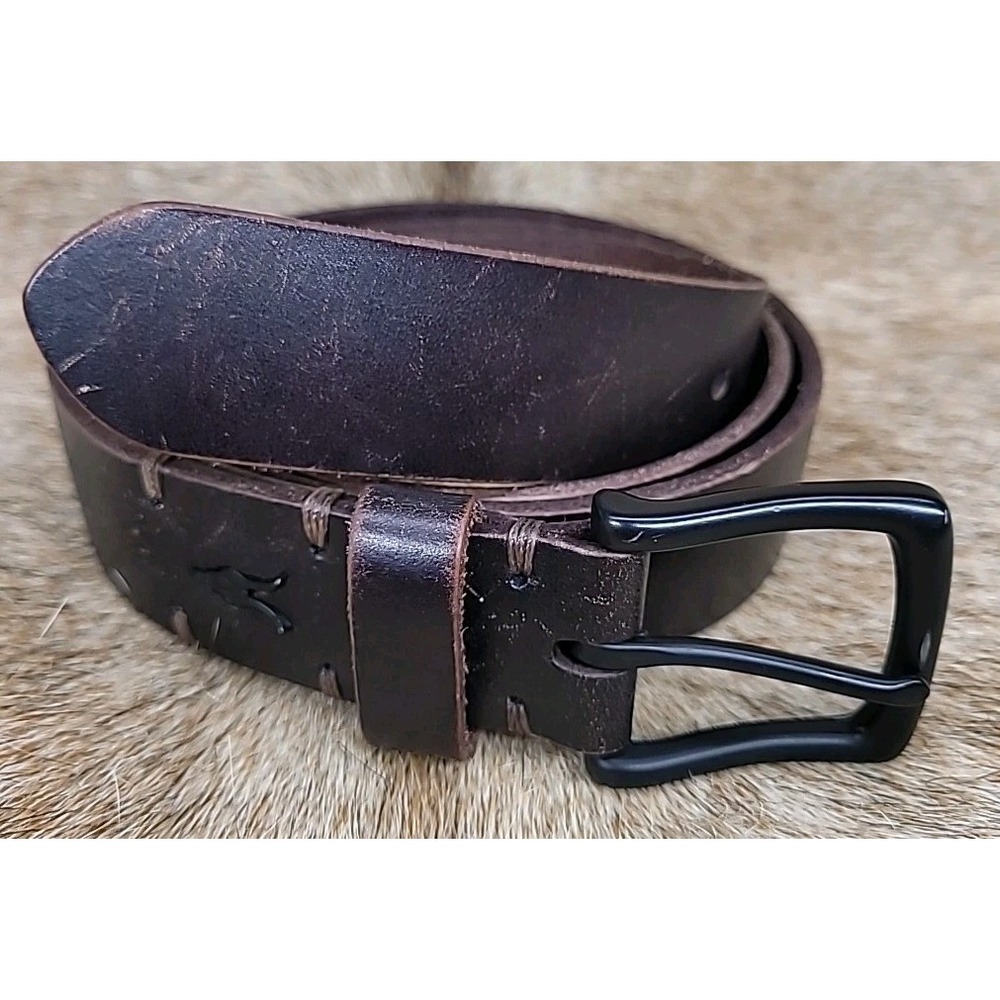 AllSaints Men's Dark Brown Buffalo Leather Belt Size 34 Ramskull Logo Matte